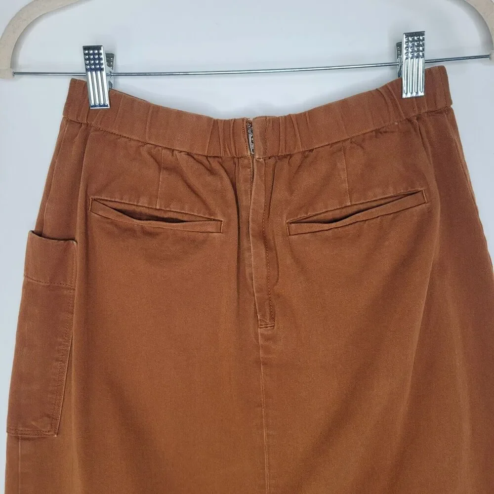 MUJI Brown Asymmetrical Pleat Midi Skirt Size S Cotton Pockets Chore Pocket Zip - Picture 5 of 9